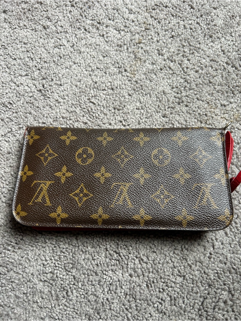 Louis Vuitton Monogram Zip-Around Wallet in Brown with Gold Print and Red Accent